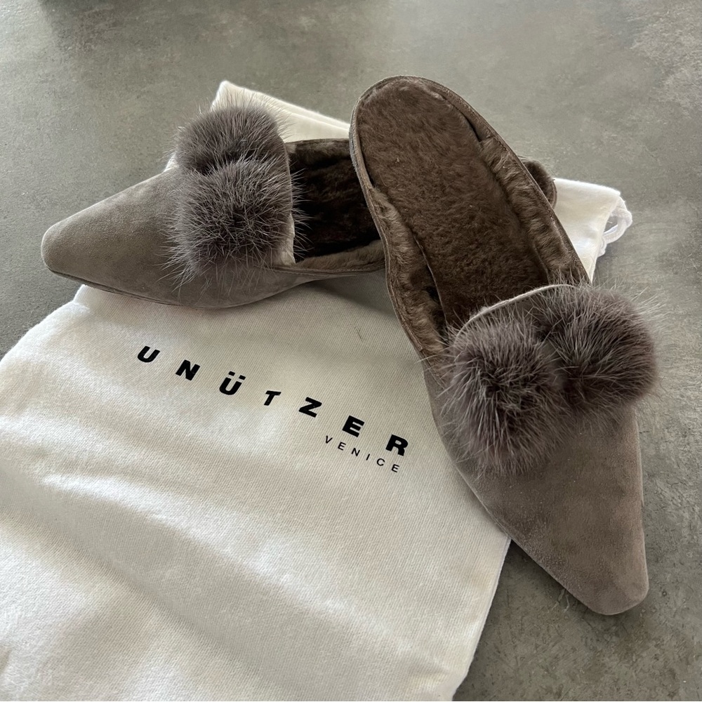 Unützer Venice Audrey Suede Mule with Mink Bow & Lambskin Lining